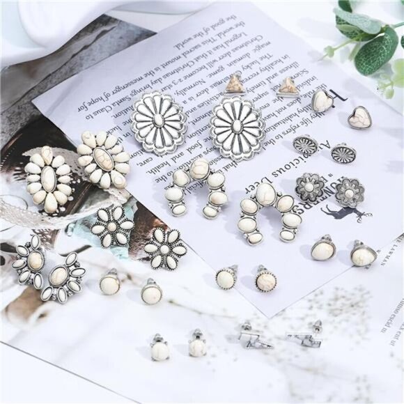 Boho White Stud Earring Set – 14 Pairs of Vintage Western-Inspired Earrings - Picture 3 of 7